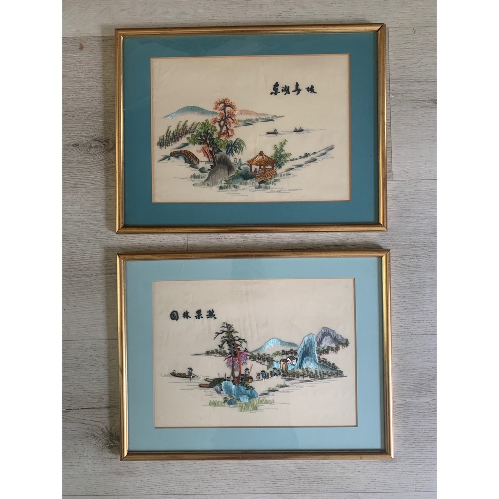 Vintage‎ Chinese Silk Embroidery Pair Framed Landscape Art Gold Frames Blue Mat